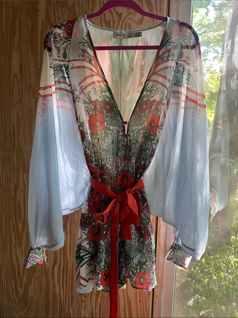 Sheer Floral Romper with Orange Tie Belt